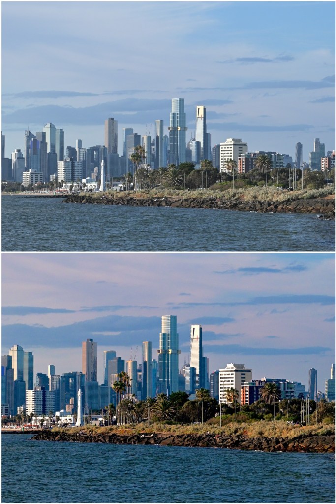 Comparison of two city and ocean landscape photos: the original image (top) is darker, while the retouched image (bottom) has more vibrant colors.